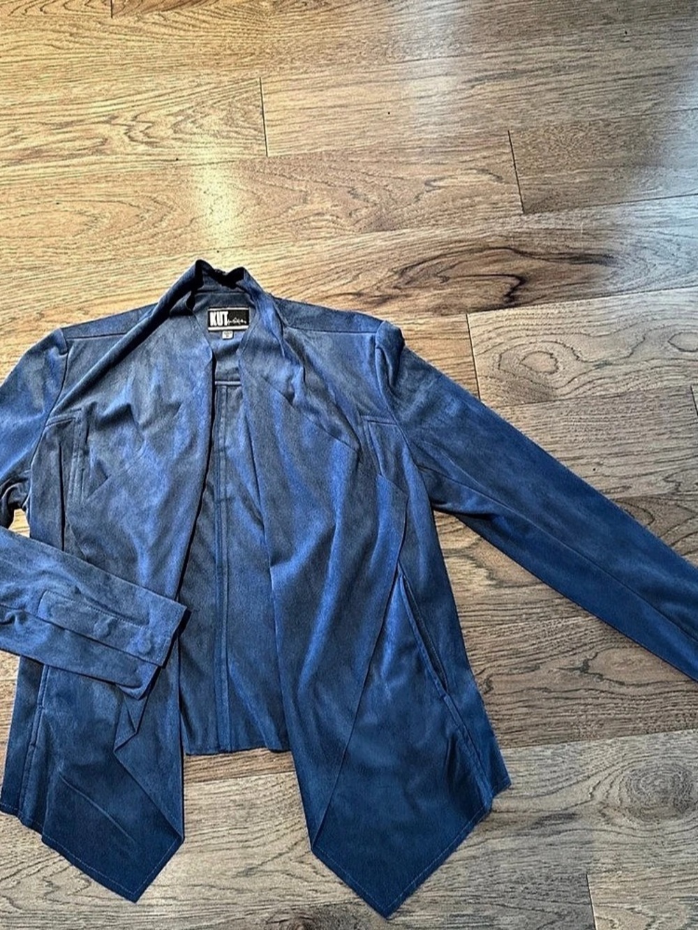 Kut from the Kloth Faux Suede Draped Open Front Jacket Blue Medium